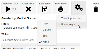 The Settings menu with Percentages - None selected