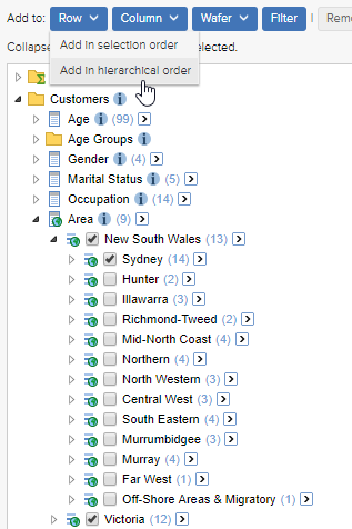 The field list with three items selected, and a mouse pointer hovering over the Add to Row button with the Add in hierarchical order option selected