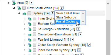 Selecting the Postal Codes option from the Select all at level drop-down menu on a State Sub-Division on the Area field