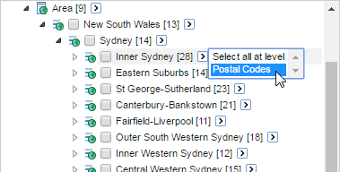 Selecting the Postal Codes option from the Select all at level drop-down menu on one Suburb under the Area field