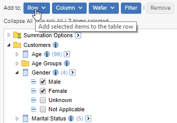 The field list with the Gender - Male and Gender - Female selected and the mouse pointer hovering over the Add to Row button