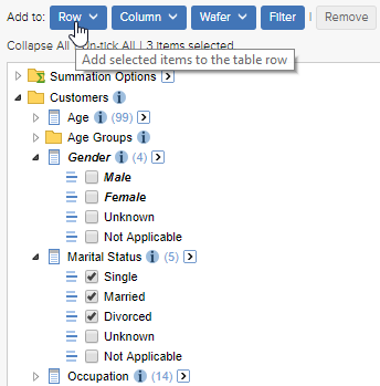 The field list with the Marital Status - Single, Married and Divorced items selected and the mouse pointer hovering over the Add to Row button