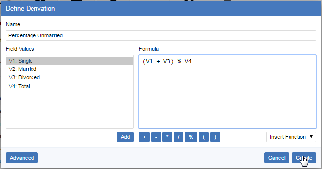 The Define Derivation dialog with a formula defined to calculate Single and Divorced as a percentage of the Total for the field Marital Status