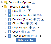 The field list with the Bulk Selection button for the Town or City field item, which has 1,169 child items
