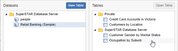 The data catalogue screen with a dataset selected and the list of saved tables for that dataset shown in the Tables pane