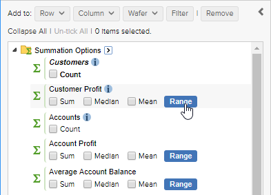 The field list showing available summation options and the mouse pointer hovering over the Range button