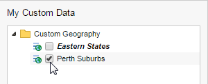 The My Custom Data pane with a group called Eastern States and a group called Perth Suburbs that is selected