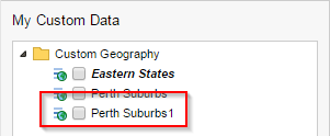 The My Custom Data pane with a new group called Perth Suburbs1 added to the list
