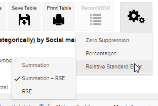 The SuperWEB2 settings menu with the Relative Standard Error submenu open and the Summation and RSE option selected
