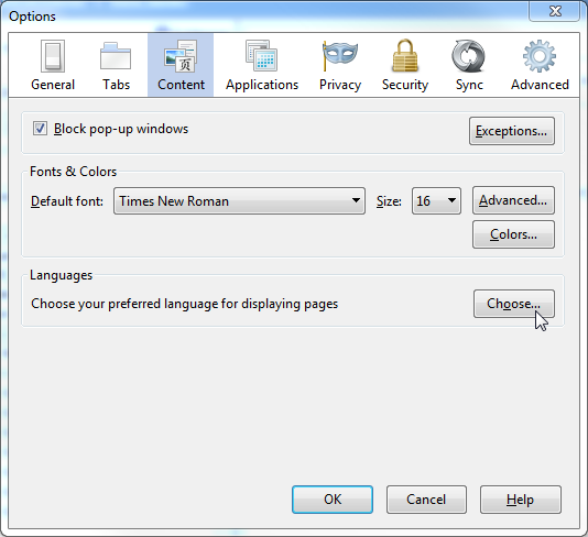 The Firefox Options dialog with the Languages section