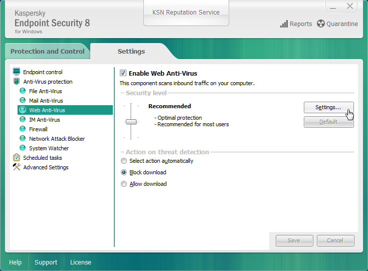 Kaspersky Endpoint Security settings dialog
