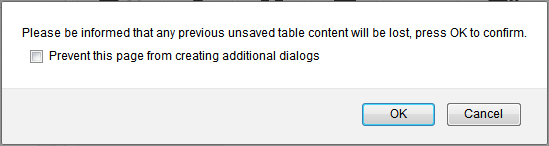 The Firefox browser dialog with the message Please be informed that any previous unsaved table content will be lost, press OK to confirm and an additional check box that says Prevent this page from creating additional dialogues